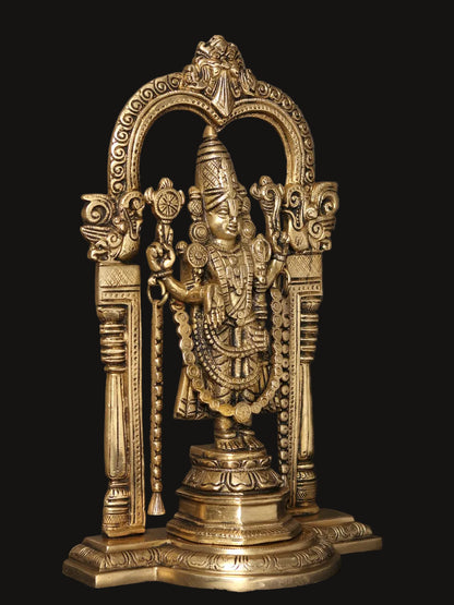 13" Standing Tirupati Balaji Venkateshvara Brass Statue with Kirtimukha Arch | Lord Venkateswara Idol for Home Temple Decor & Pooja