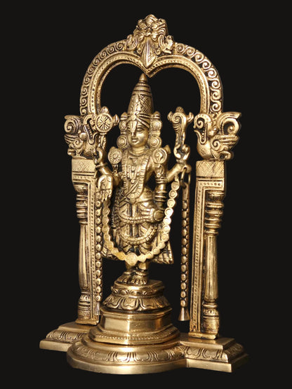 13" Standing Tirupati Balaji Venkateshvara Brass Statue with Kirtimukha Arch | Lord Venkateswara Idol for Home Temple Decor & Pooja