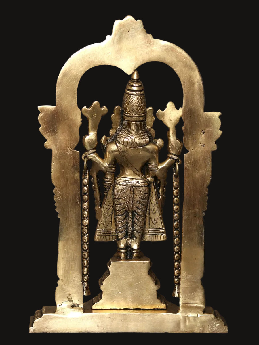 13" Standing Tirupati Balaji Venkateshvara Brass Statue with Kirtimukha Arch | Lord Venkateswara Idol for Home Temple Decor & Pooja