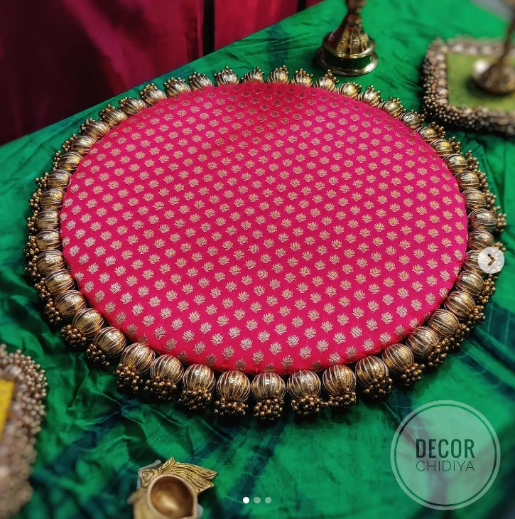 Tiered Beige & Gota Rani Pink Placemat Combo: Elegant Wooden Beads & Fabric Décor Set