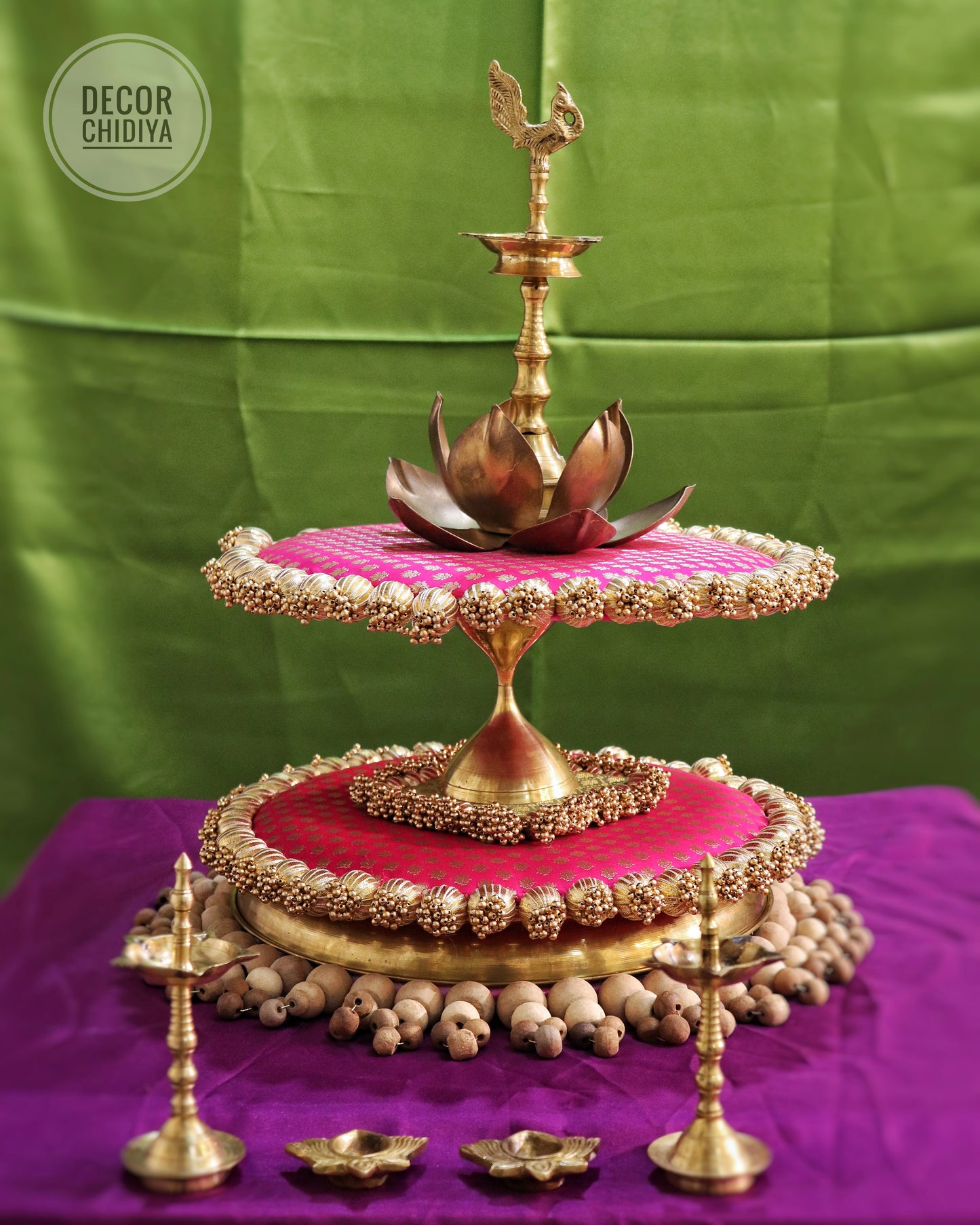 Tiered Beige & Gota Rani Pink Placemat Combo: Elegant Wooden Beads & Fabric Décor Set