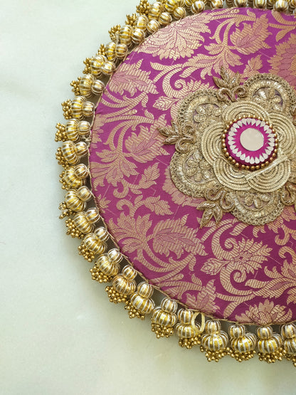 Mandala Placemat – Guabi pink Dabka Flower | Various Sizes | Handcrafted Banarasi Decor