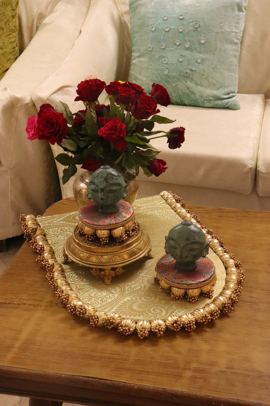 Gauri Heritage Festive Decor Set | Traditional Indian Table Decor with Brass patla , gauri mukh  & Brocade Placemats