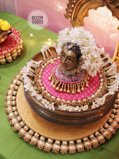 Aangan Mein Aarti - Pastel theme kolam inspired pooja setup - Pink, yellow and green