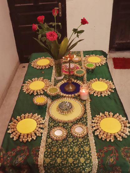 The green glow table  - The Green and pink radiance Handcrafted Indian Table Decor Setup