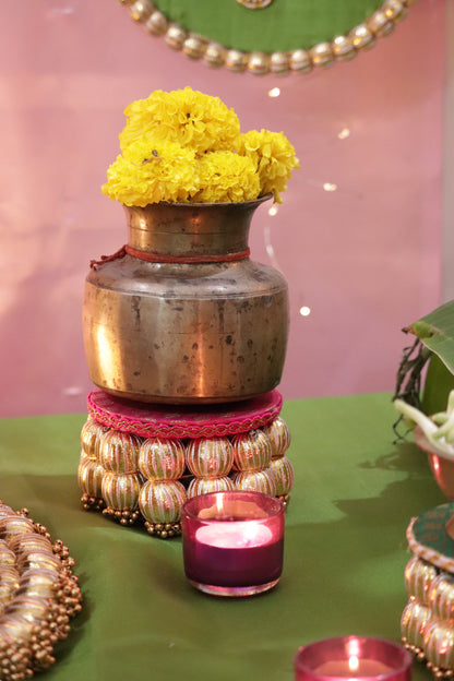 Aangan Mein Aarti - Pastel theme kolam inspired pooja setup - Pink, yellow and green