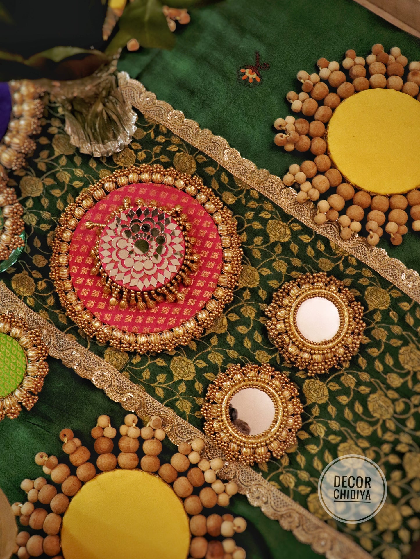 The green glow table  - The Green and pink radiance Handcrafted Indian Table Decor Setup