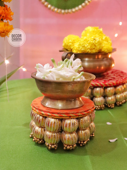 Aangan Mein Aarti - Pastel theme kolam inspired pooja setup - Pink, yellow and green