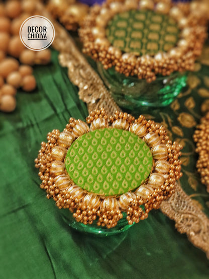 The green glow table  - The Green and pink radiance Handcrafted Indian Table Decor Setup