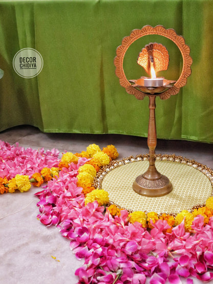 Aangan Mein Aarti - Pastel theme kolam inspired pooja setup - Pink, yellow and green