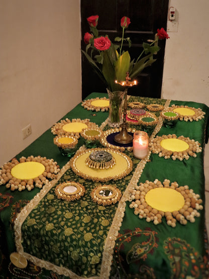 The green glow table  - The Green and pink radiance Handcrafted Indian Table Decor Setup