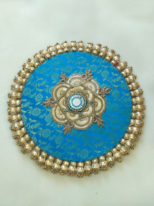 Mandala Placemat – Teal Blue Dabka Flower | Various Sizes | Handcrafted Banarasi Decor