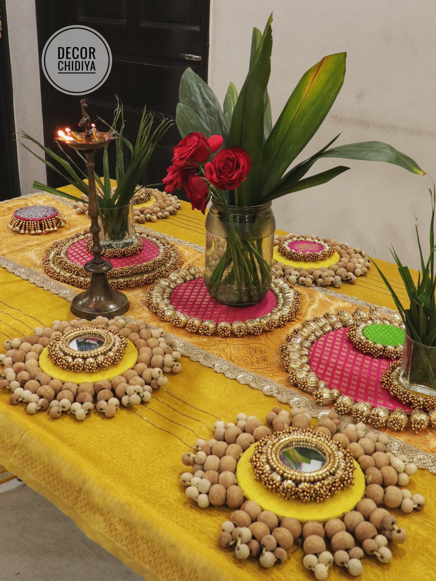 Abha – Haldi and  Table Decor Set in Yellow & Pink | Indian Festive Tablescape Styling Kit ( complete set - 21 pcs)