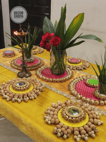 Abha – Haldi and  Table Decor Set in Yellow & Pink | Indian Festive Tablescape Styling Kit ( complete set - 21 pcs)