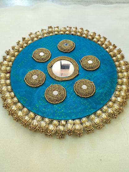Mandala Placemat – Teal Blue Dabka Flower | Various Sizes | Handcrafted Banarasi Decor