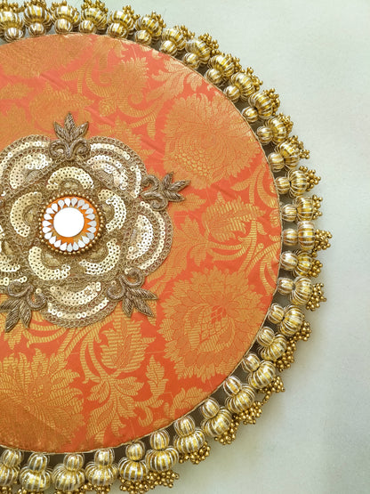 Mandala Placemat – Orange  Dabka Flower | Various Sizes | Handcrafted Banarasi Decor