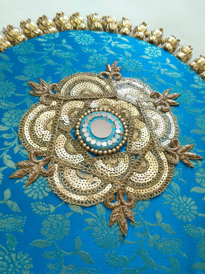 Mandala Placemat – Teal Blue Dabka Flower | Various Sizes | Handcrafted Banarasi Decor