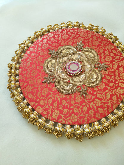 Mandala Placemat – Red Dabka Flower | Various Sizes | Handcrafted Banarasi Decor