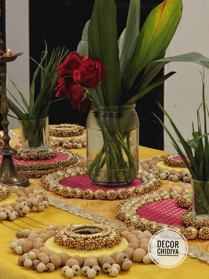 Abha – Haldi and  Table Decor Set in Yellow & Pink | Indian Festive Tablescape Styling Kit ( complete set - 21 pcs)