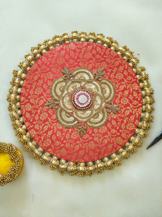 Mandala Placemat – Red Dabka Flower | Various Sizes | Handcrafted Banarasi Decor