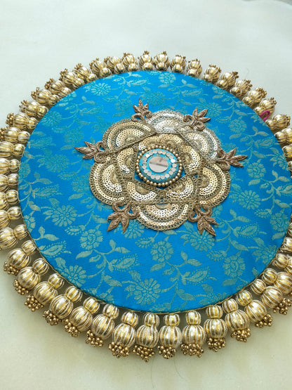 Mandala Placemat – Teal Blue Dabka Flower | Various Sizes | Handcrafted Banarasi Decor