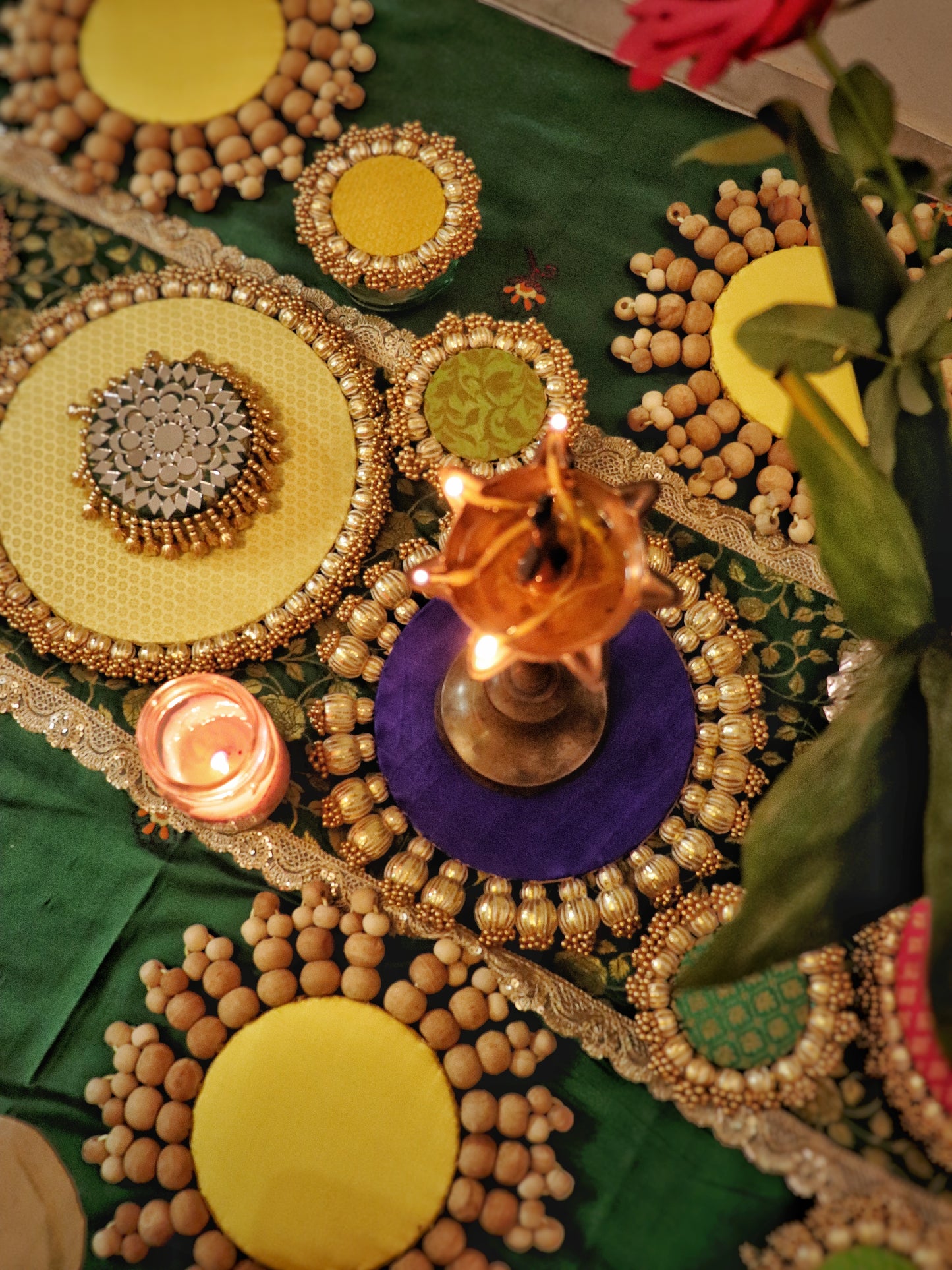 The green glow table  - The Green and pink radiance Handcrafted Indian Table Decor Setup