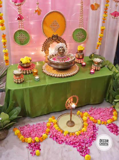 Aangan Mein Aarti - Pastel theme kolam inspired pooja setup - Pink, yellow and green