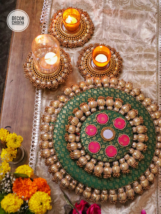 Mandala Coffee Table Decor Set – Green & Gold Placemat, Runner | Handmade Festive & Pooja Styling
