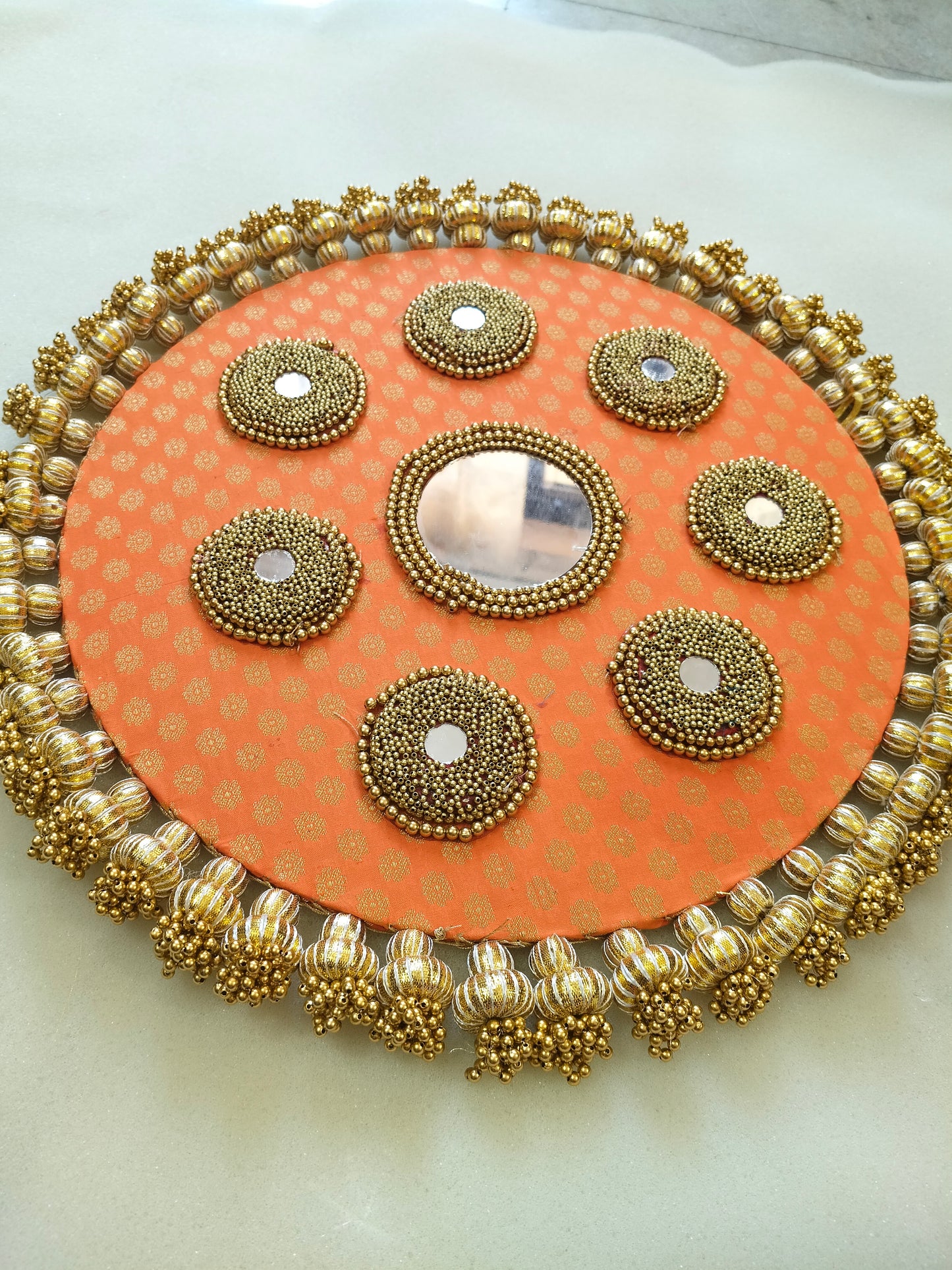 Mandala Placemat – Orange  Dabka Flower | Various Sizes | Handcrafted Banarasi Decor