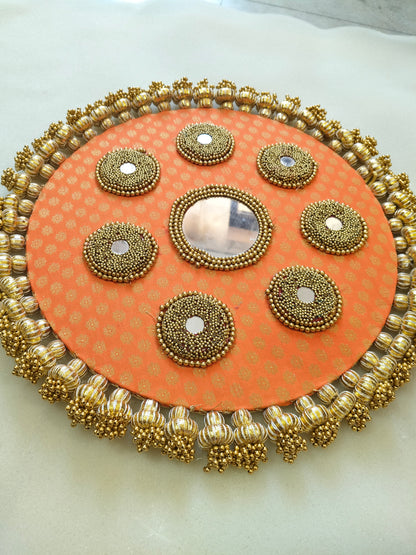 Mandala Placemat – Orange  Dabka Flower | Various Sizes | Handcrafted Banarasi Decor