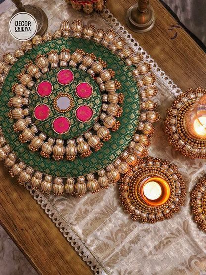 Mandala Coffee Table Decor Set – Green & Gold Placemat, Runner | Handmade Festive & Pooja Styling