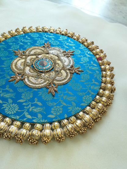 Mandala Placemat – Teal Blue Dabka Flower | Various Sizes | Handcrafted Banarasi Decor