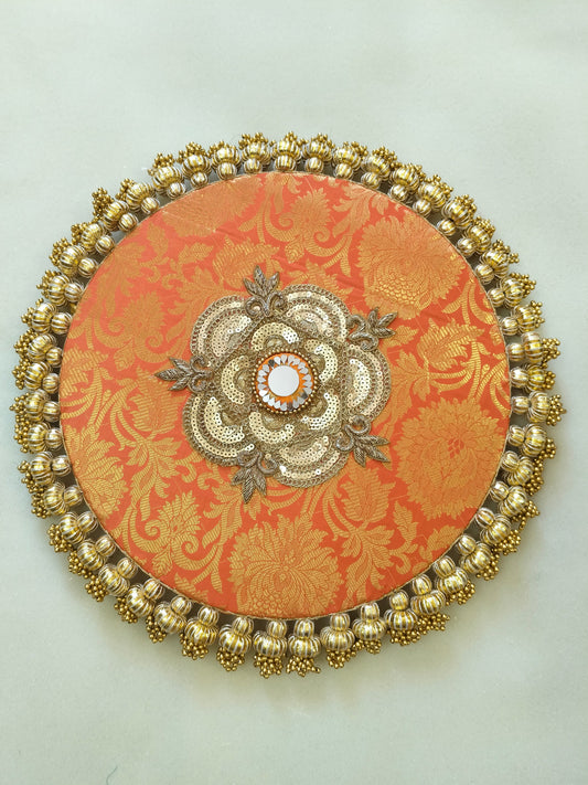 Mandala Placemat – Orange  Dabka Flower | Various Sizes | Handcrafted Banarasi Decor