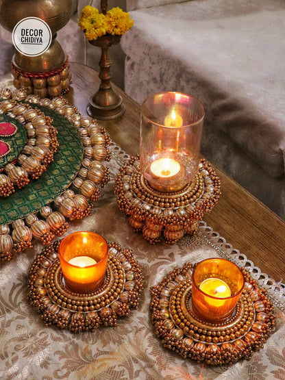 Mandala Coffee Table Decor Set – Green & Gold Placemat, Runner | Handmade Festive & Pooja Styling
